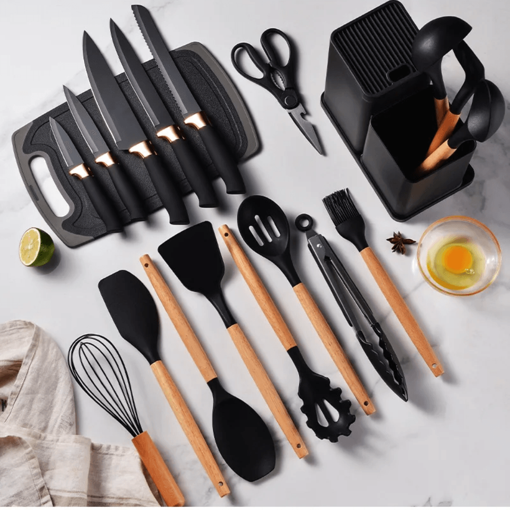 Set Utensilios 19 piezas™ + Tapas Silicona Elásticas Gratis