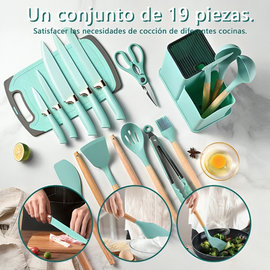 Set Utensilios 19 piezas™ + Tapas Silicona Elásticas Gratis